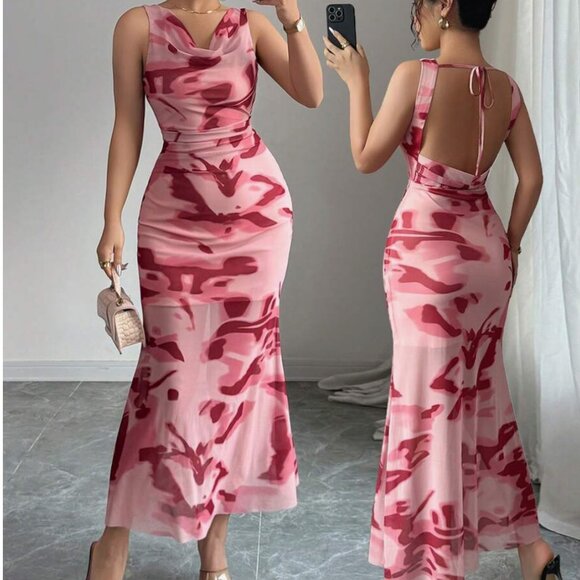 Elenzga  Tie-Dye Digital Print Low Neck Dress - Picture 2 of 2